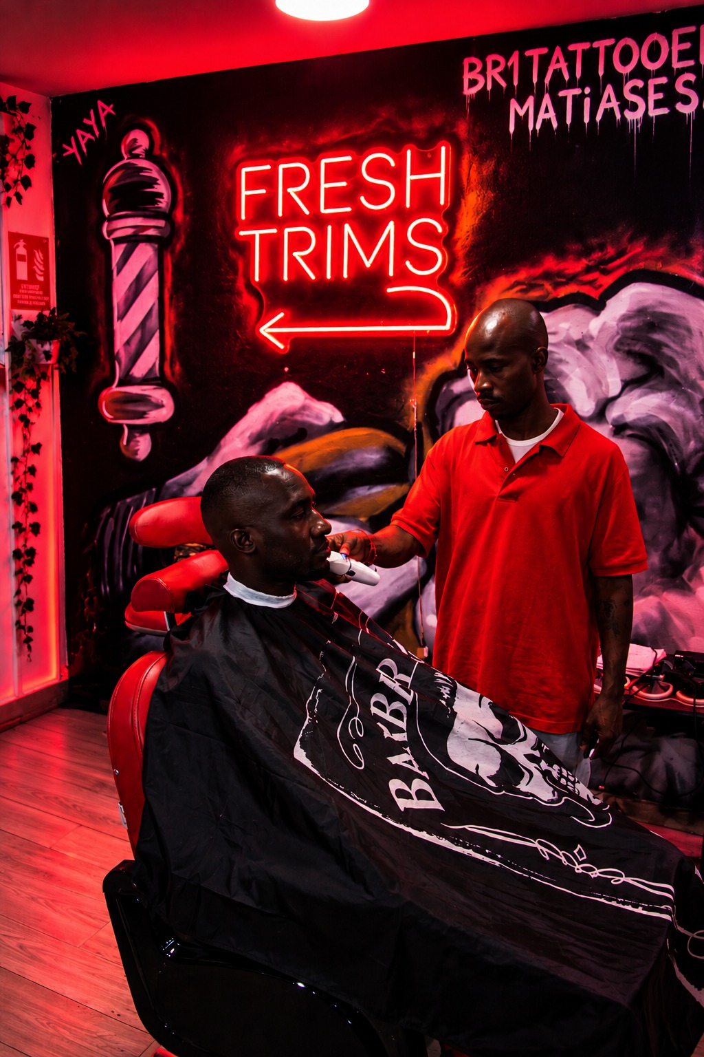 Barber trimming a client in front of the Fresh Trims neon sign at Refresh Ibiza
