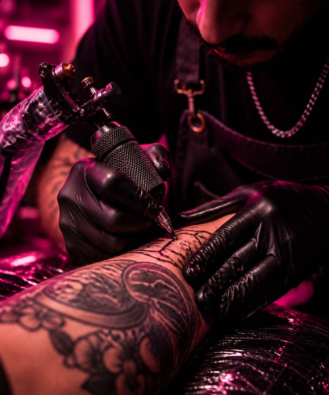 Tattoo artist working under pink neon light at Refresh Ibiza