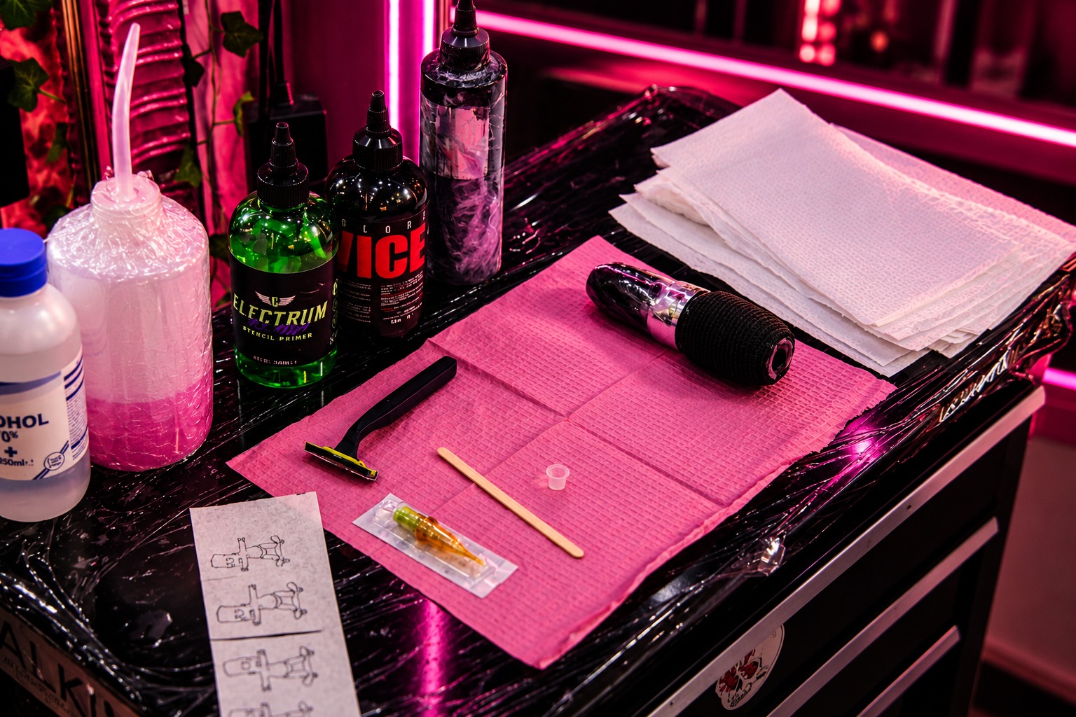 Neon-lit tattoo workstation at Refresh Ibiza